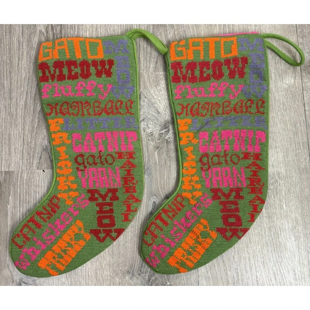 Pottery Barn Vintage Christmas Stocking Set Green CAT Needlepoint Wool Y2K Lot 2